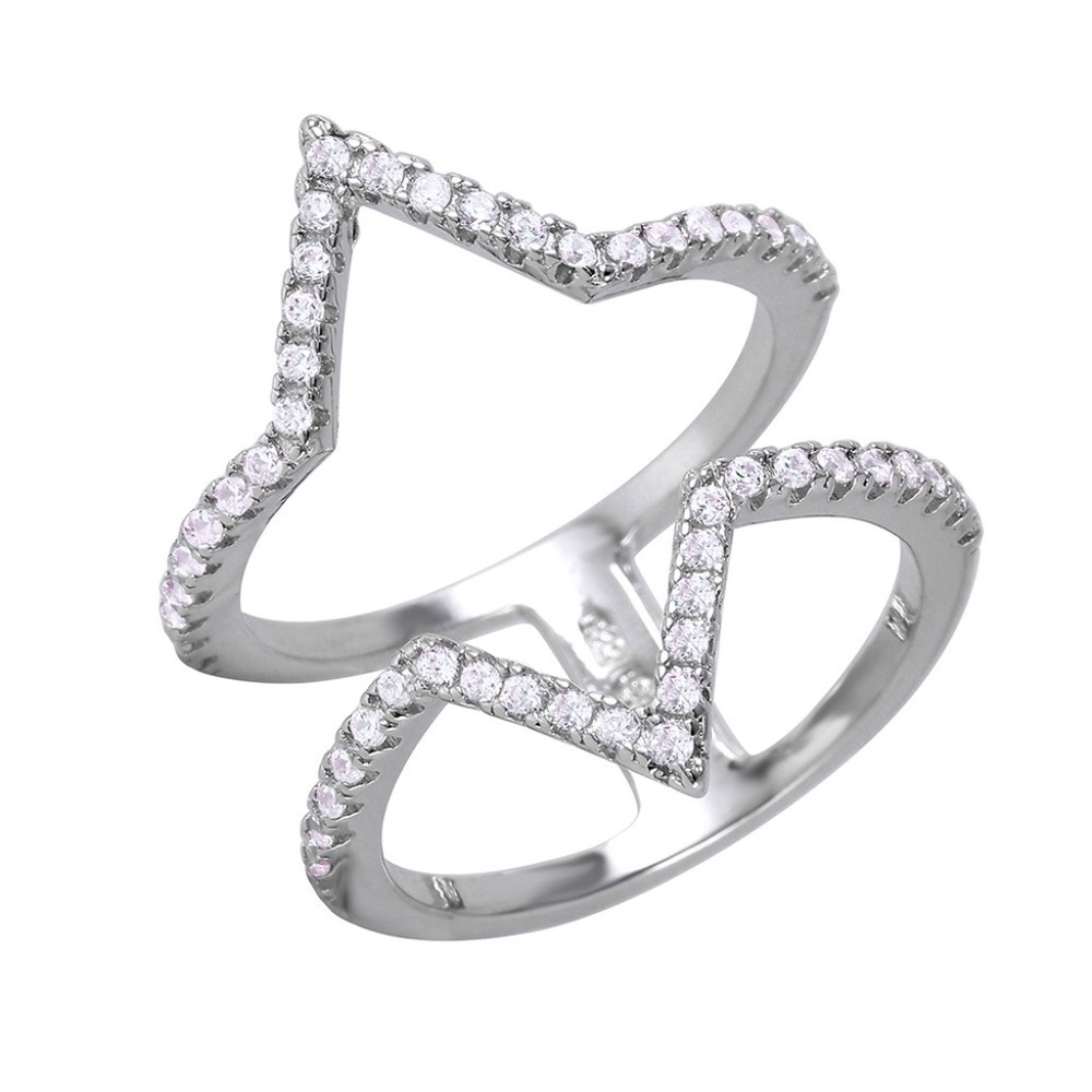 Sterling Silver Star Ring – 22mm Pavé Double Band Design (size 7.5)
